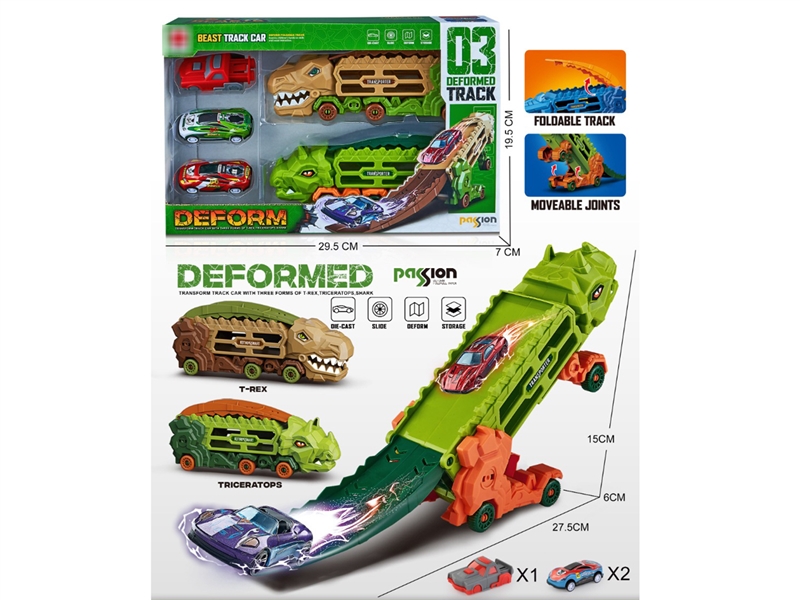 DEFORMED DINOSAUR TRUCK 2PCS W/DIE-CAST CAR 2PCS & CATAPULT - HP1224758