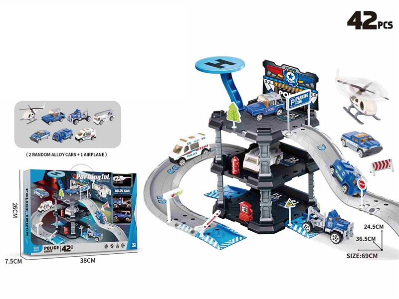 POLICE PARKING LOT SET 42PCS W/DIE-CAST CAR 2PCS+1PCS PLANE - HP1234010