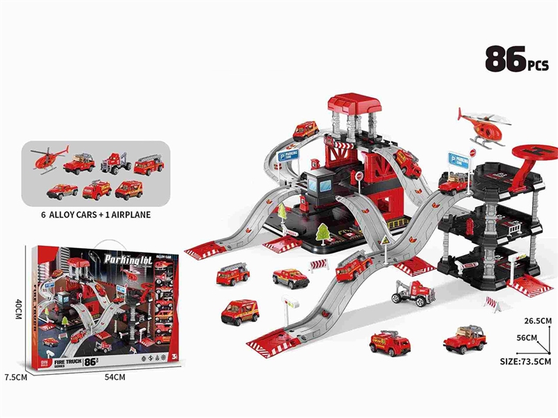 FIRE PARKING LOT SET 86PCS W/DIE-CAST CAR 6PCS+1PCS PLANE - HP1234017