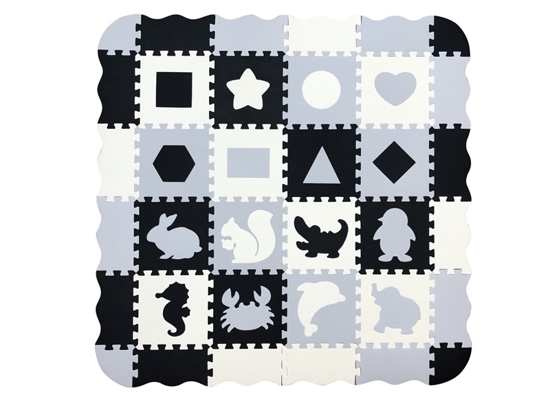 EVA拼图地垫16大片动物几何图形+围边浅灰+米白+深灰 - HP1250866