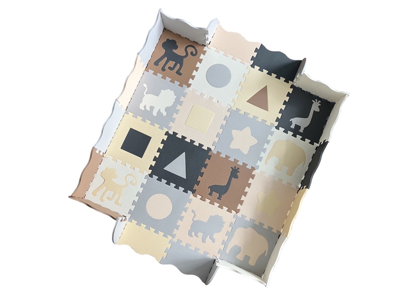 EVA拼图地垫16大片动物几何图形+围边浅灰+米白+深灰+米黄+棕色+奶油色 - HP1250867