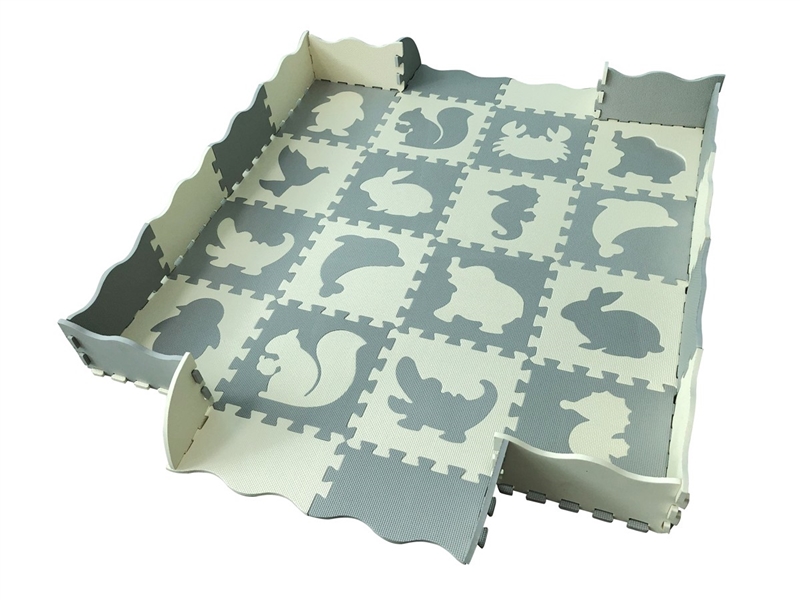 EVA拼图地垫16大片动物几何图形+围边 浅灰+米白 - HP1250871