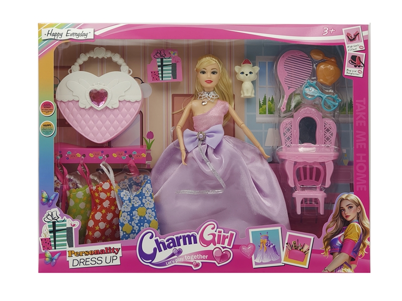 11寸实身9关节时尚芭比+狗+包包+4配裙+梳妆台套装 - HP1250950