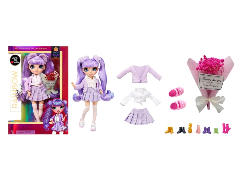 高档礼物主题 1比1  10寸12关节实身真玻璃眼珠Rainbow high惊喜彩虹高中宝宝带一束高端仿真花 - HP1251043