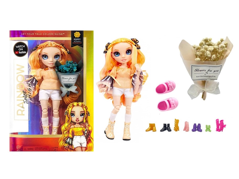 高档礼物主题 1比1  10寸12关节实身真玻璃眼珠Rainbow high惊喜彩虹高中宝宝带一束高端仿真花 - HP1251044