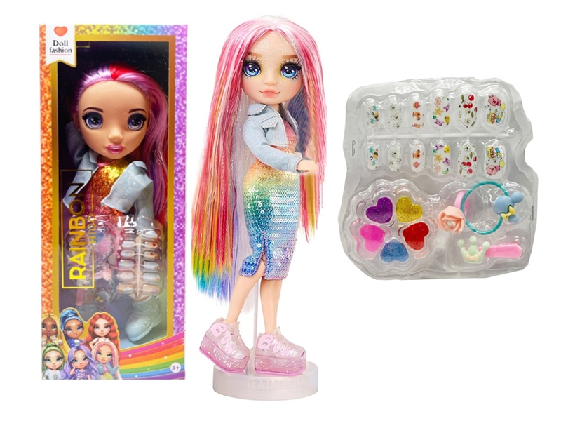 高端彩妆系列 16寸搪胶带灯光音乐主题曲Rainbow High惊喜彩虹高中带  美甲，发夹。彩妆油  5件套 - HP1251056