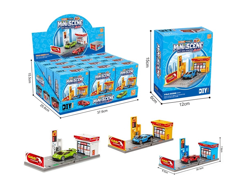 GAS STATION ST 12PCS/DISPLAY BOX W/1PCS DIE-CAST FREE WAY CAR,3COLORS - HP1263348